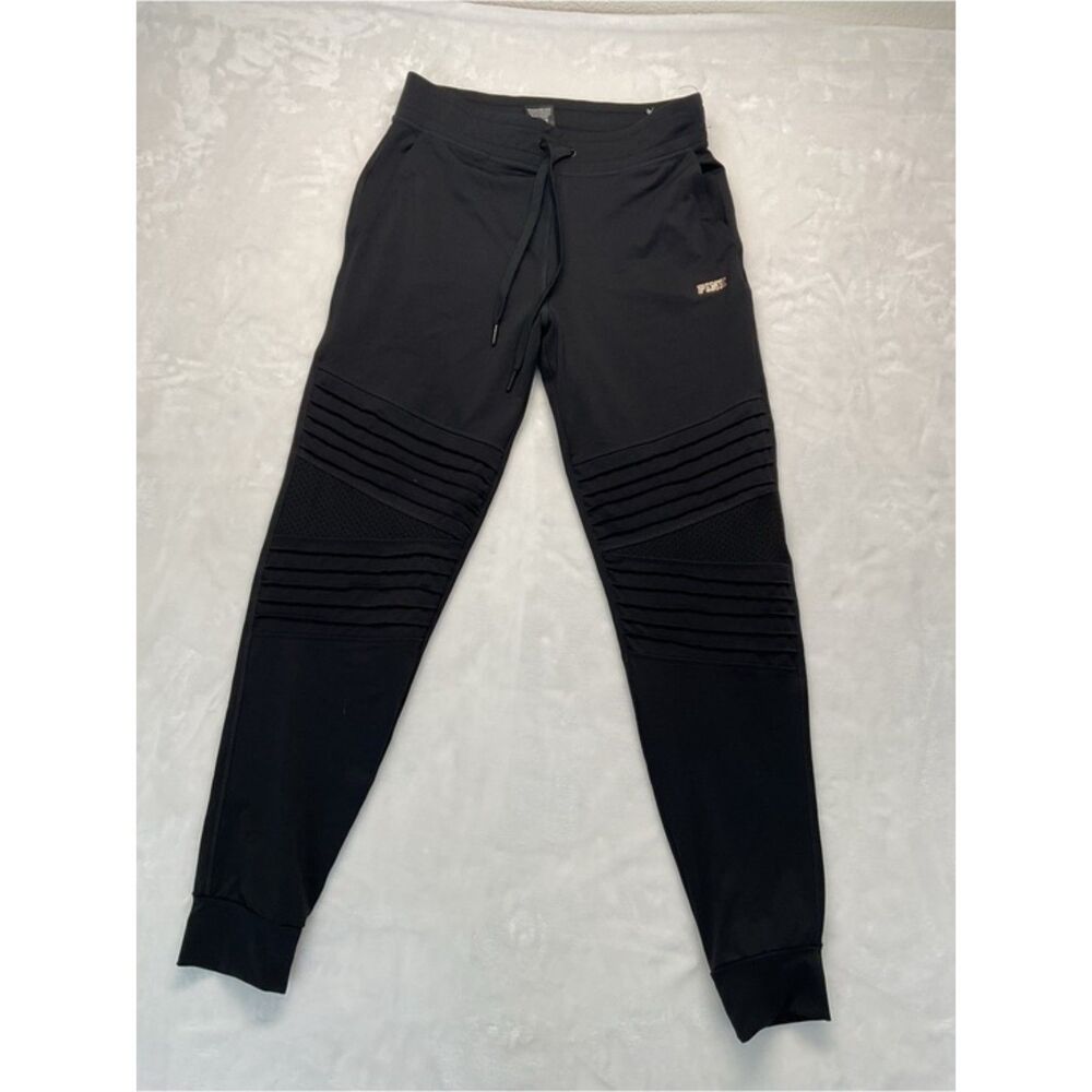 PINK Victoria Secret Ultimate Moto Joggers S Black Ribbed Mesh Pants Sweatpants